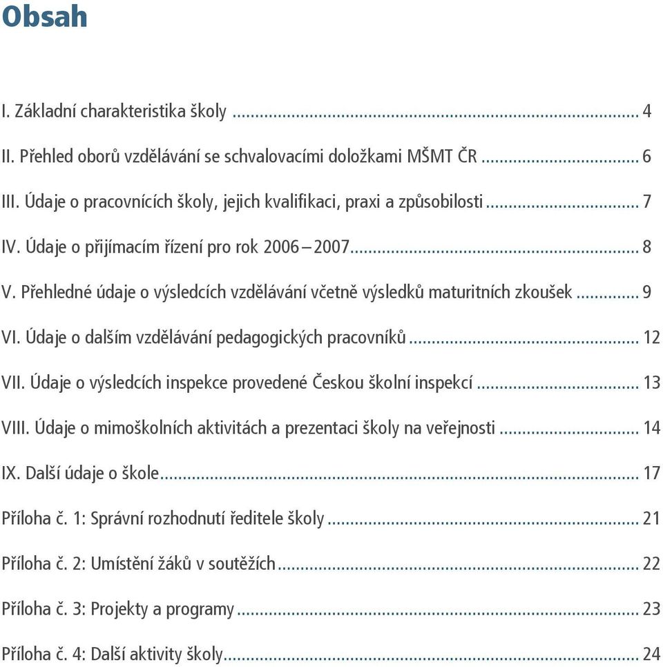 Údaje o dalším vzdělávání pedagogických pracovníků... 12 VII. Údaje o výsledcích inspekce provedené Českou školní inspekcí... 13 VIII.