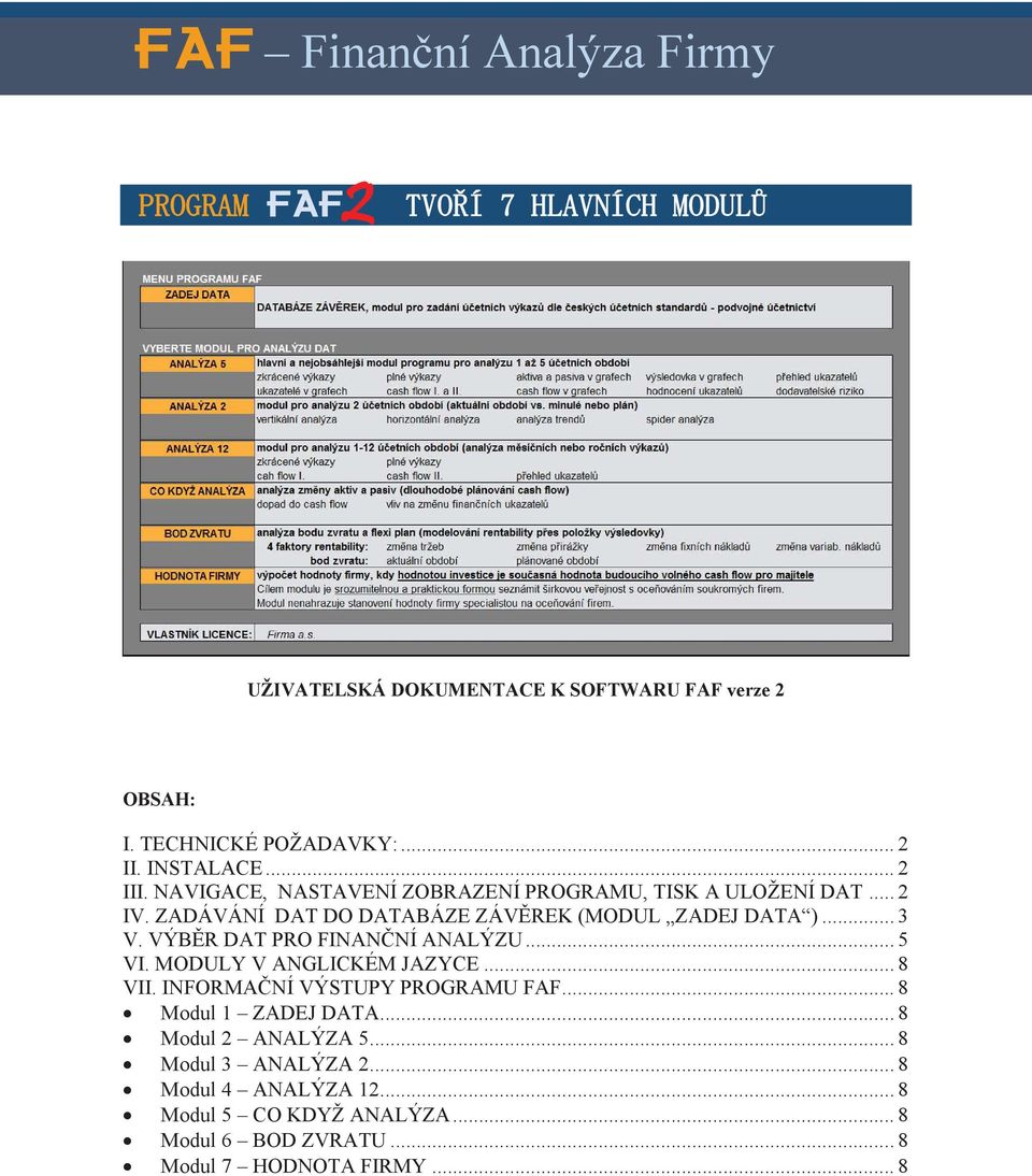 VÝBĚR DAT PRO FINANČNÍ ANALÝZU... 5 VI. MODULY V ANGLICKÉM JAZYCE... 8 VII. INFORMAČNÍ VÝSTUPY PROGRAMU FAF... 8 Modul 1 ZADEJ DATA.