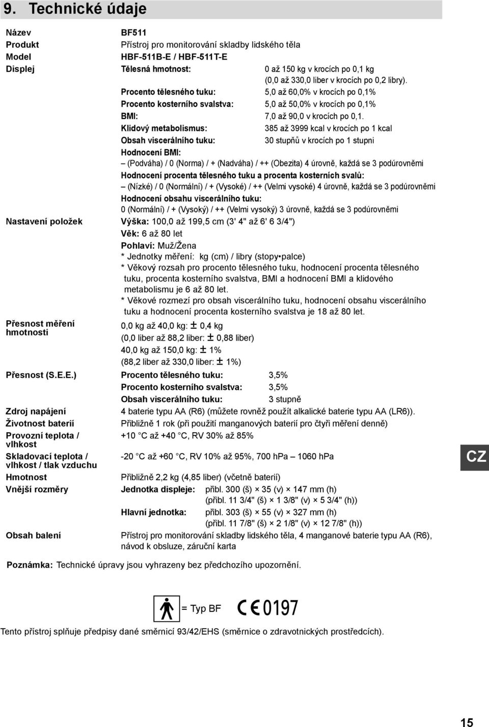 Klidový metabolismus: 385 až 3999 kcal v krocích po 1 kcal Obsah viscerálního tuku: 30 stupňů v krocích po 1 stupni Hodnocení BMI: (Podváha) / 0 (Norma) / + (Nadváha) / ++ (Obezita) 4 úrovně, každá