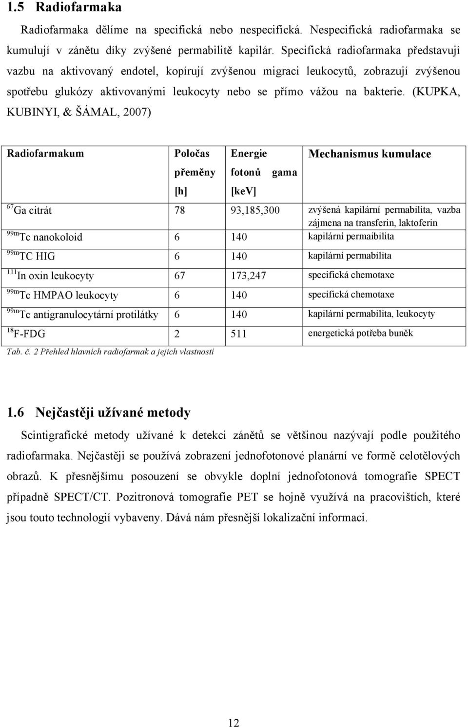 (KUPKA, KUBINYI, & ŠÁMAL, 2007) Radiofarmakum Poločas přeměny [h] Energie fotonů [kev] gama Mechanismus kumulace 67 Ga citrát 78 93,185,300 zvýšená kapilární permabilita, vazba zájmena na transferin,