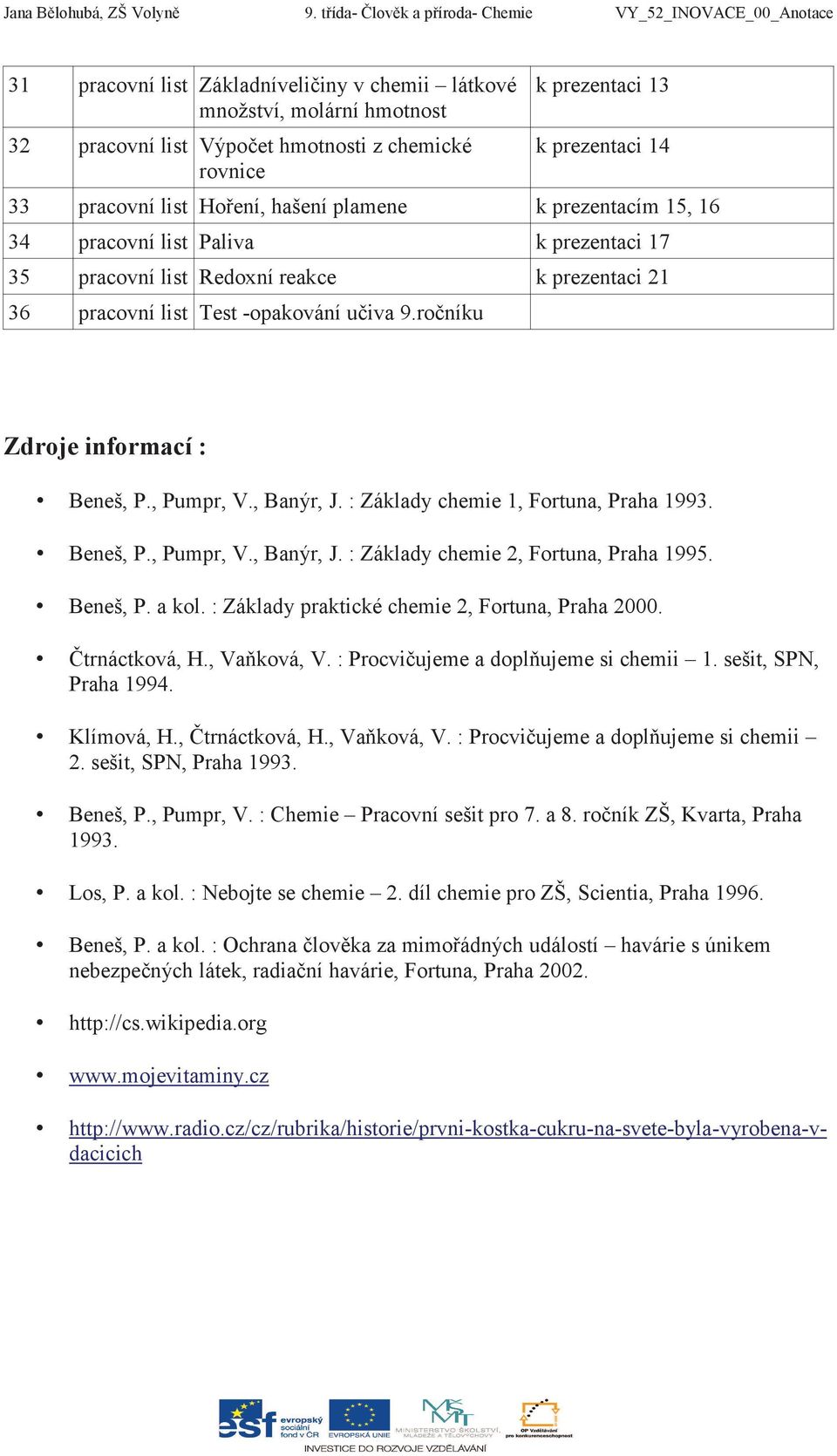 k prezentaci 14 33 pracovní list Hoení, hašení plamene k prezentacím 15, 16 34 pracovní list Paliva k prezentaci 17 35 pracovní list Redoxní reakce k prezentaci 21 36 pracovní list Test -opakování