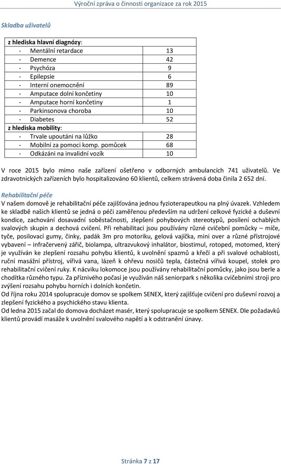 pomůcek 68 - Odkázáni na invalidní vozík 10 V roce 2015 bylo mimo naše zařízení ošetřeno v odborných ambulancích 741 uživatelů.