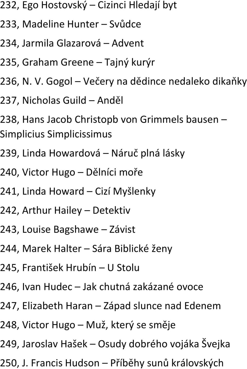 240, Victor Hugo Dělníci moře 241, Linda Howard Cizí Myšlenky 242, Arthur Hailey Detektiv 243, Louise Bagshawe Závist 244, Marek Halter Sára Biblické ženy 245, František Hrubín U