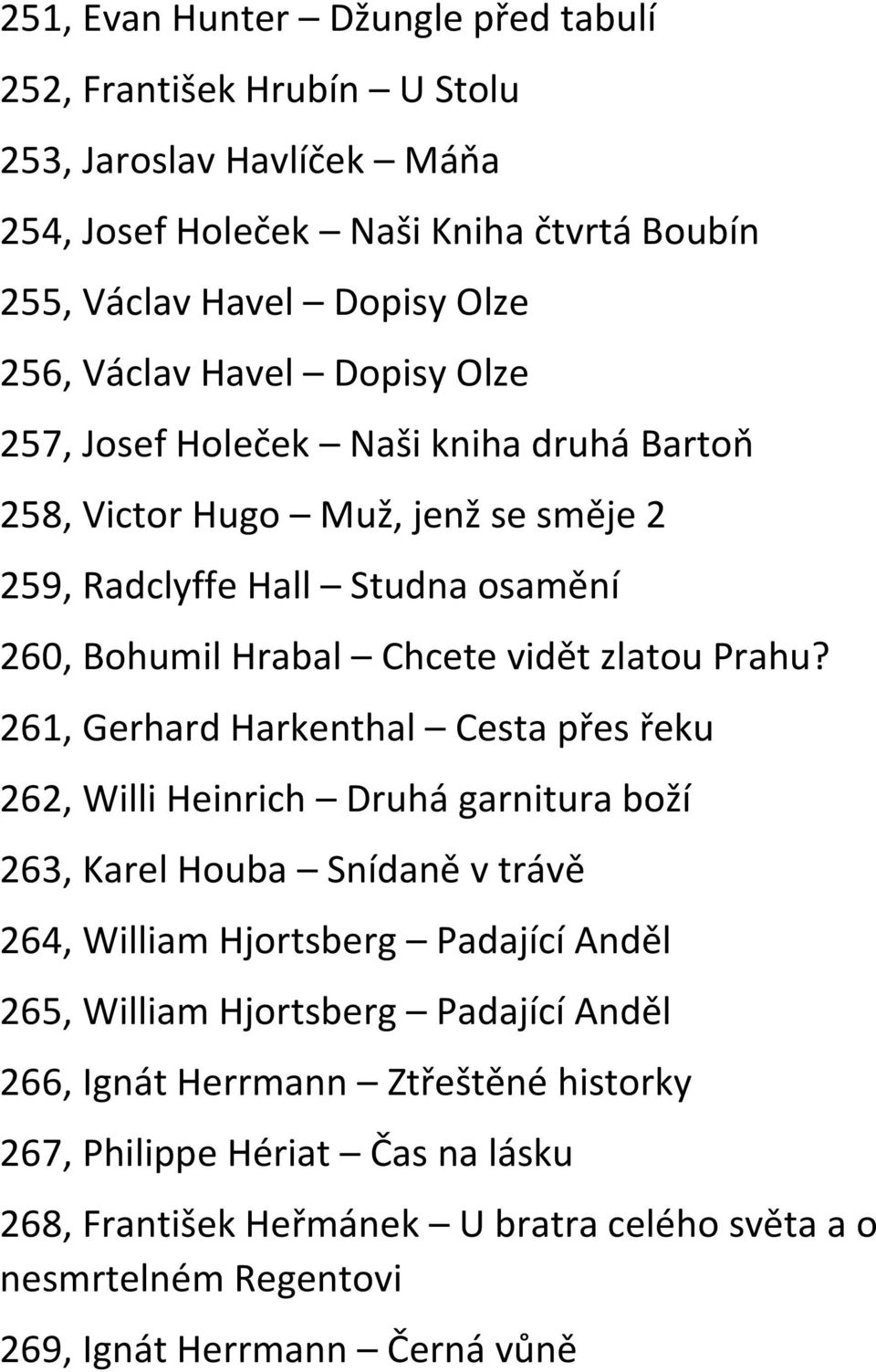 261, Gerhard Harkenthal Cesta přes řeku 262, Willi Heinrich Druhá garnitura boží 263, Karel Houba Snídaně v trávě 264, William Hjortsberg Padající Anděl 265, William Hjortsberg