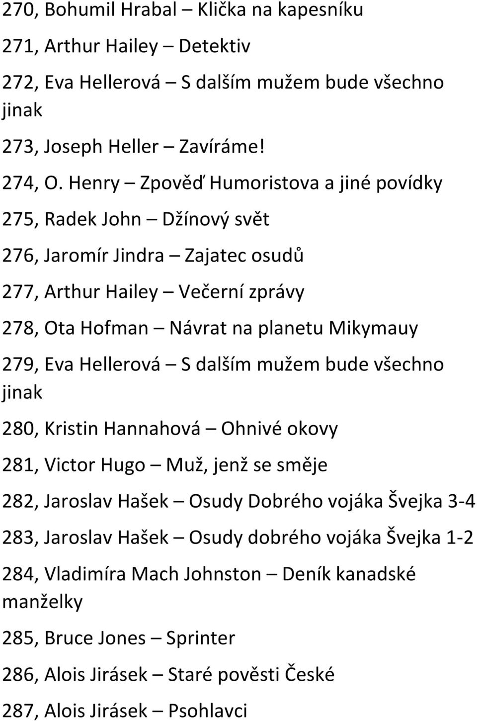 Mikymauy 279, Eva Hellerová S dalším mužem bude všechno jinak 280, Kristin Hannahová Ohnivé okovy 281, Victor Hugo Muž, jenž se směje 282, Jaroslav Hašek Osudy Dobrého vojáka