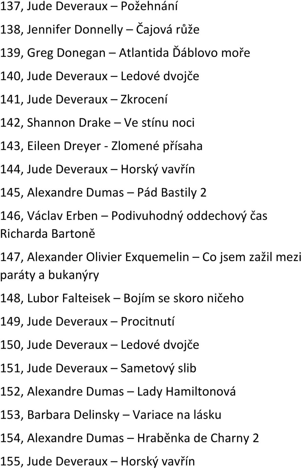 Bartoně 147, Alexander Olivier Exquemelin Co jsem zažil mezi paráty a bukanýry 148, Lubor Falteisek Bojím se skoro ničeho 149, Jude Deveraux Procitnutí 150, Jude Deveraux Ledové