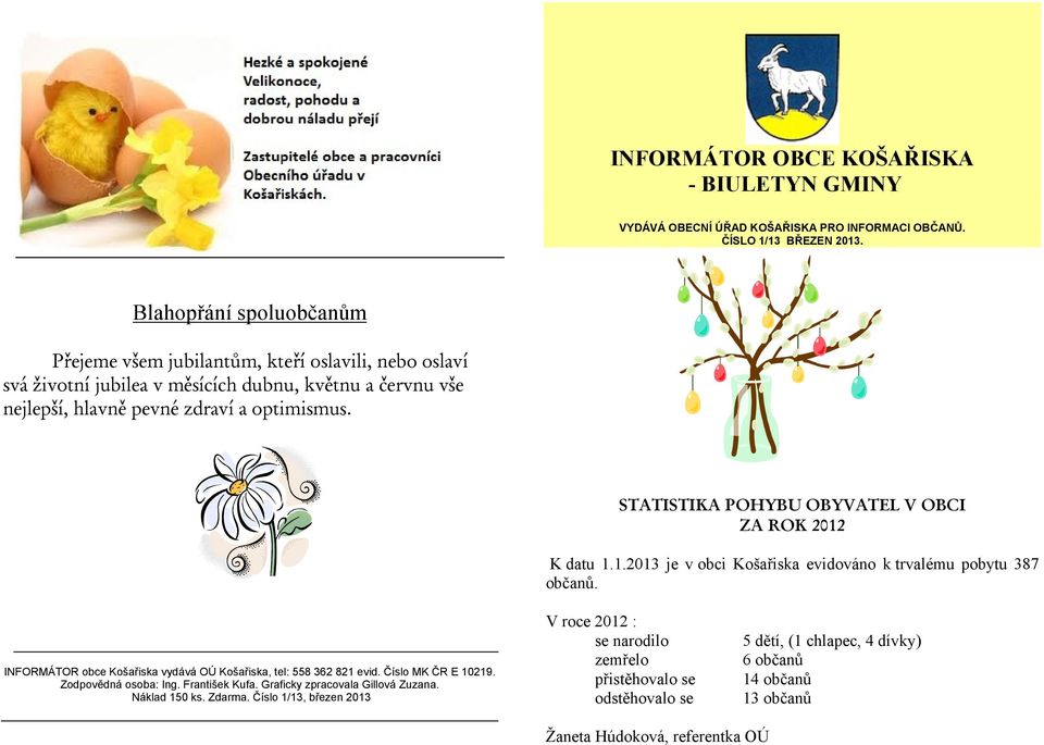 STATISTIKA POHYBU OBYVATEL V OBCI ZA ROK 2012 K datu 1.1.2013 je v obci Košařiska evidováno k trvalému pobytu 387 občanů. INFORMÁTOR obce Košařiska vydává OÚ Košařiska, tel: 558 362 821 evid.