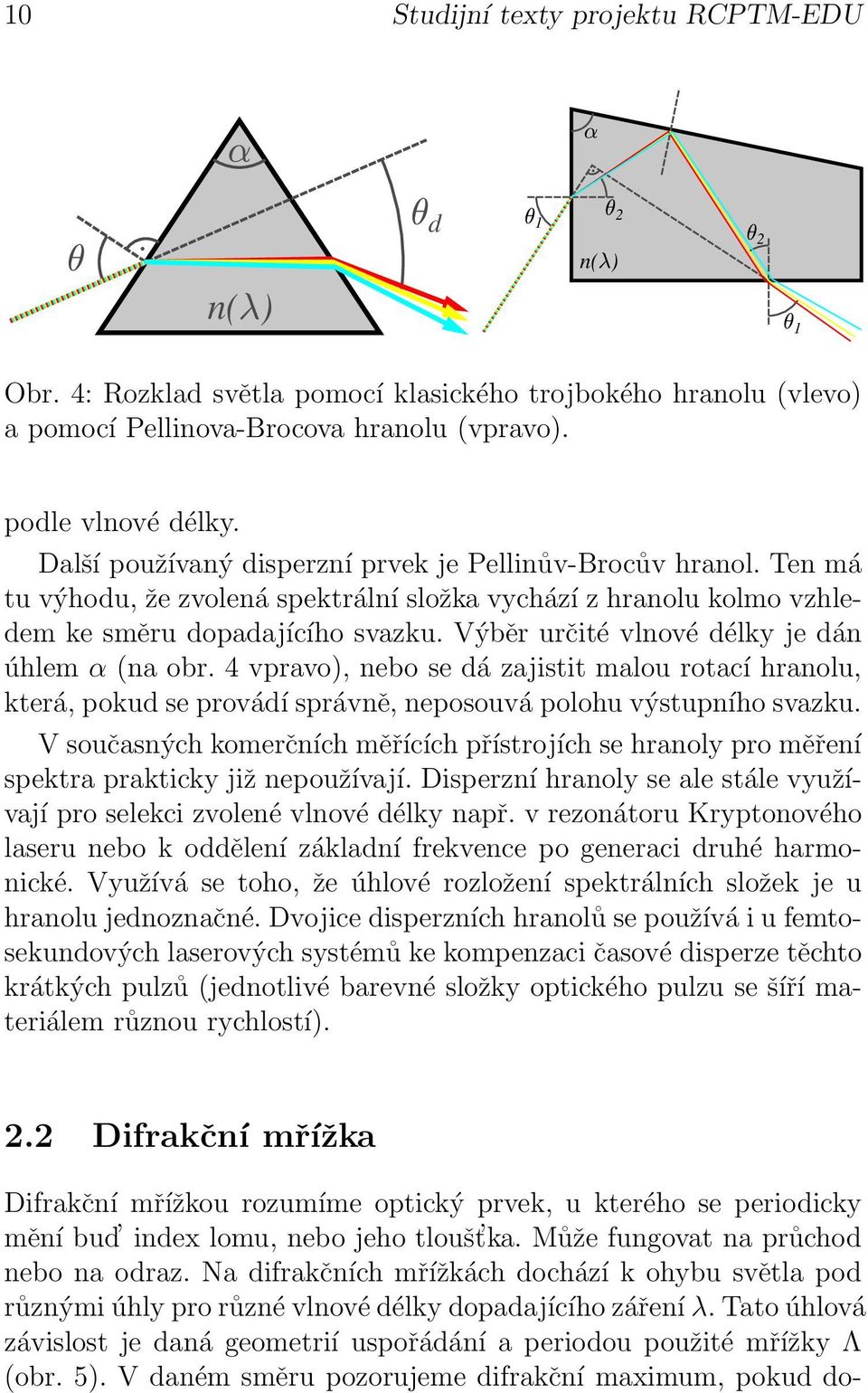 Výběr určité vlnové délky je dán úhlem α (na obr. 4 vpravo), nebo se dá zajistit malou rotací hranolu, která, pokud se provádí správně, neposouvá polohu výstupního svazku.