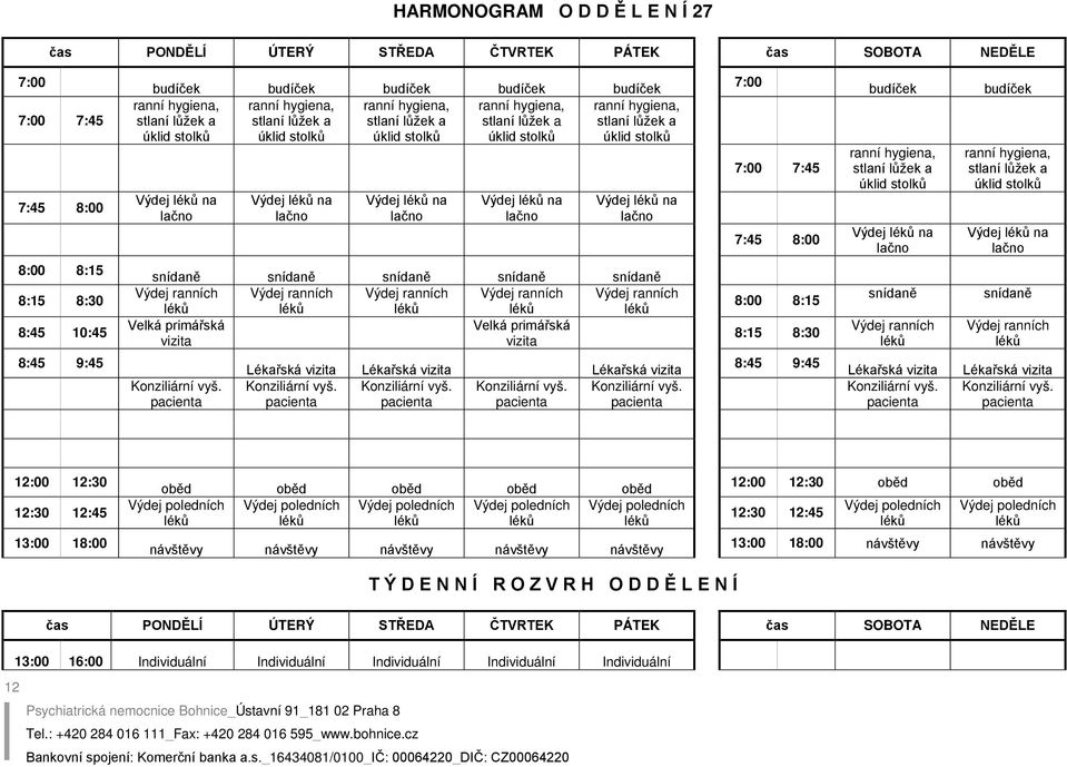 Výdej na Výdej na 7:00 7:00 7:45 7:45 8:00 budíček ranní hygiena, stlaní lůžek a úklid stolků Výdej na budíček ranní hygiena, stlaní lůžek a úklid stolků Výdej na 8:00 8:15 8:15 8:30 8:45 10:45