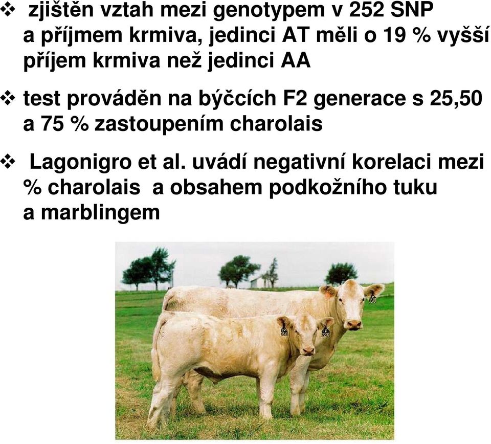 F2 generace s 25,50 a 75 % zastoupením charolais Lagonigro et al.