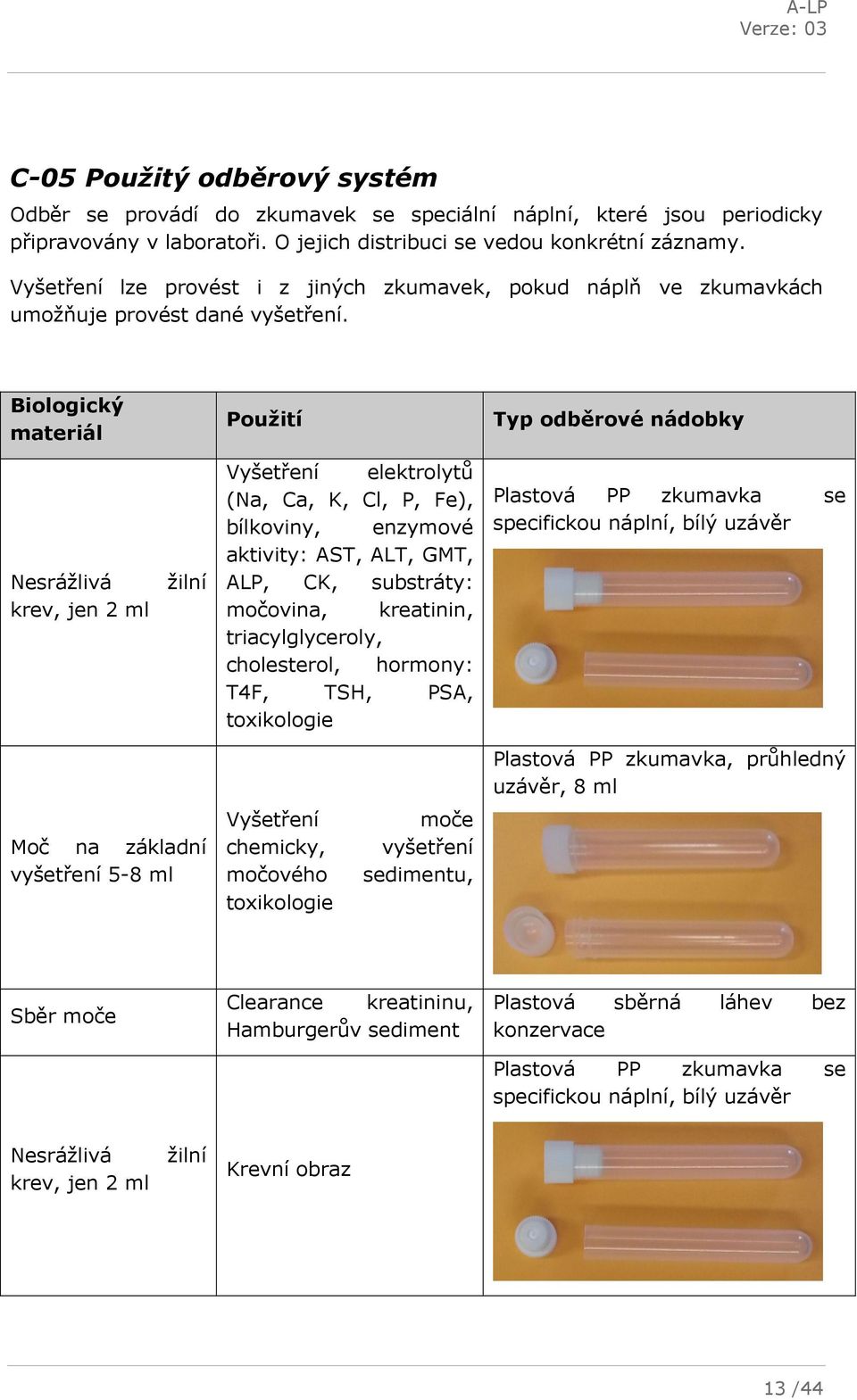 Biologický materiál Použití Typ odběrové nádobky Nesrážlivá krev, jen 2 ml žilní Vyšetření elektrolytů (Na, Ca, K, Cl, P, Fe), bílkoviny, enzymové aktivity: AST, ALT, GMT, ALP, CK, substráty: