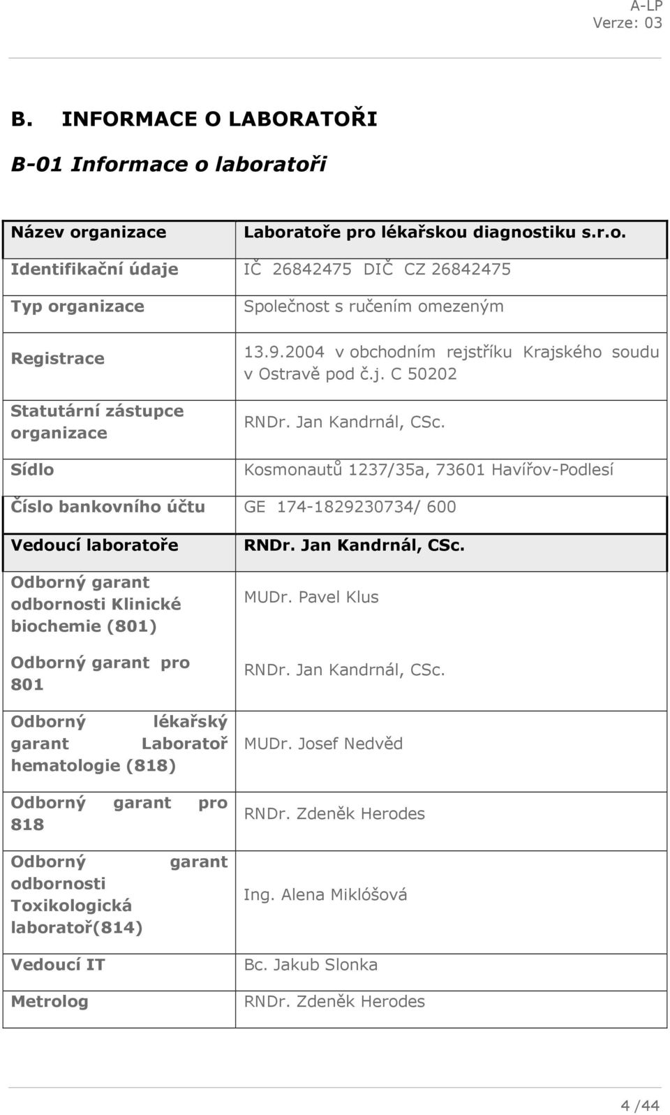 Kosmonautů 1237/35a, 73601 Havířov-Podlesí Číslo bankovního účtu GE 174-1829230734/ 600 Vedoucí laboratoře Odborný garant odbornosti Klinické biochemie (801) Odborný garant pro 801 Odborný lékařský