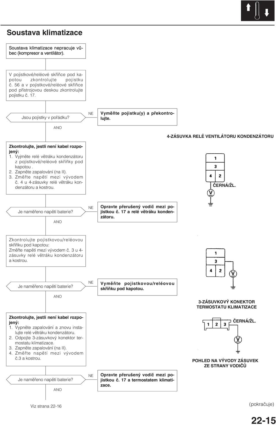 Vyjměte relé větráku kondenzátoru z pojistkové/reléové skříňky pod kapotou. 2. Zapněte zapalování (na II). 3. Změřte napětí mezi vývodem č. 4 u 4-zásuvky relé větráku kondenzátoru a kostrou.