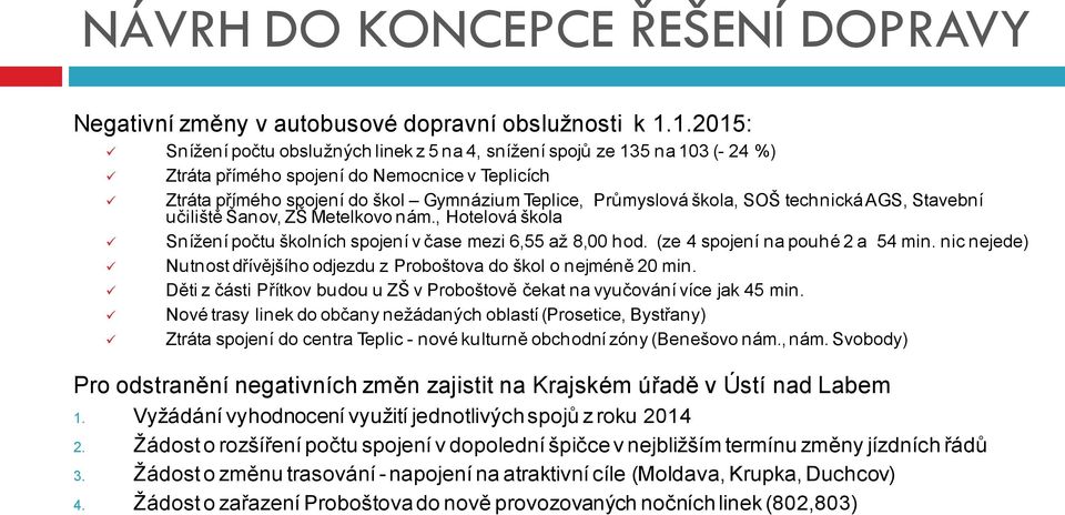 škola, SOŠ technická AGS, Stavební učiliště Šanov, ZŠ Metelkovo nám., Hotelová škola Snížení počtu školních spojení v čase mezi 6,55 až 8,00 hod. (ze 4 spojení na pouhé 2 a 54 min.