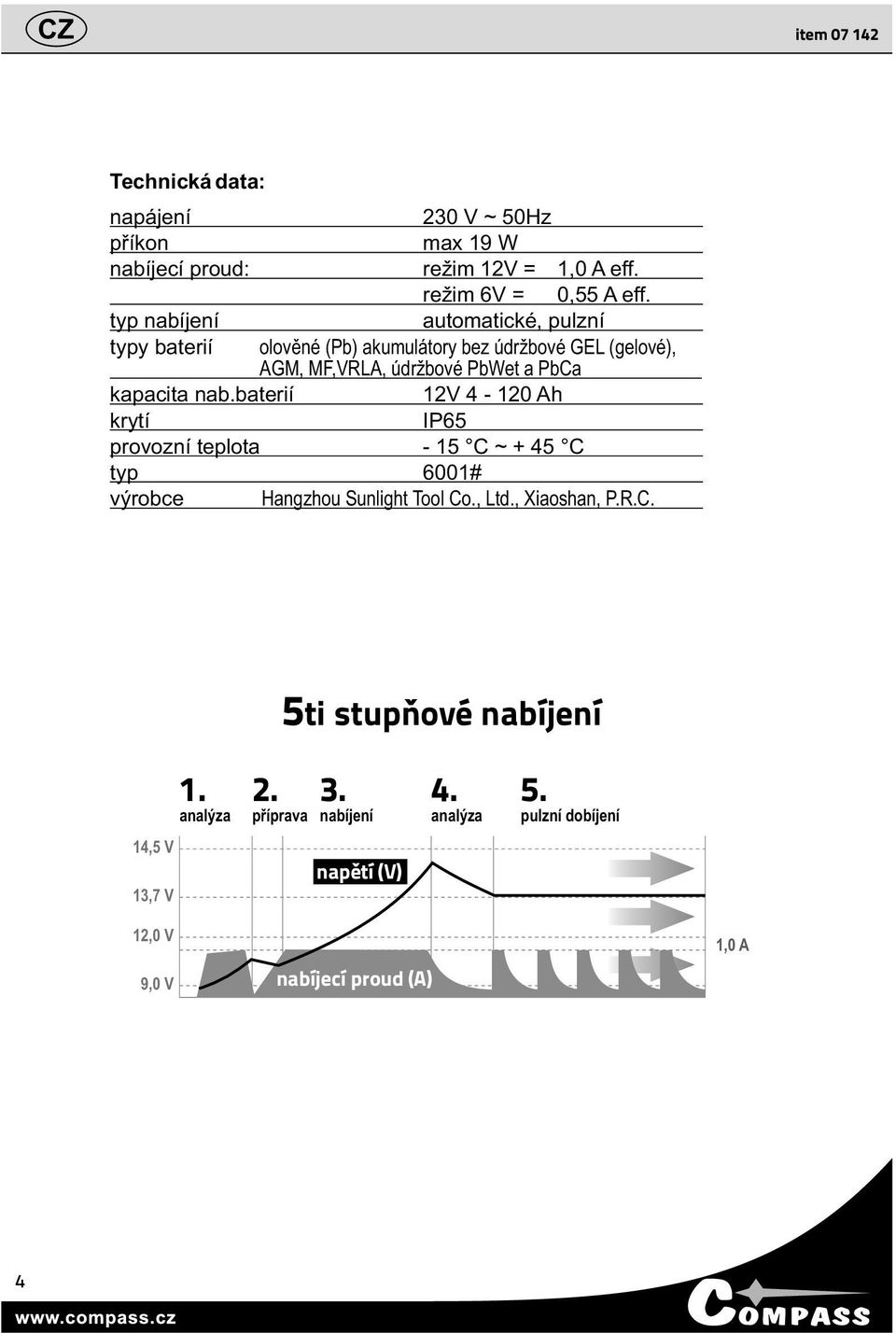 kapacita nab.baterií 12V 4-120 Ah krytí IP65 provozní teplota - 15 C ~ + 45 C typ 6001# výrobce Hangzhou Sunlight Tool Co., Ltd.