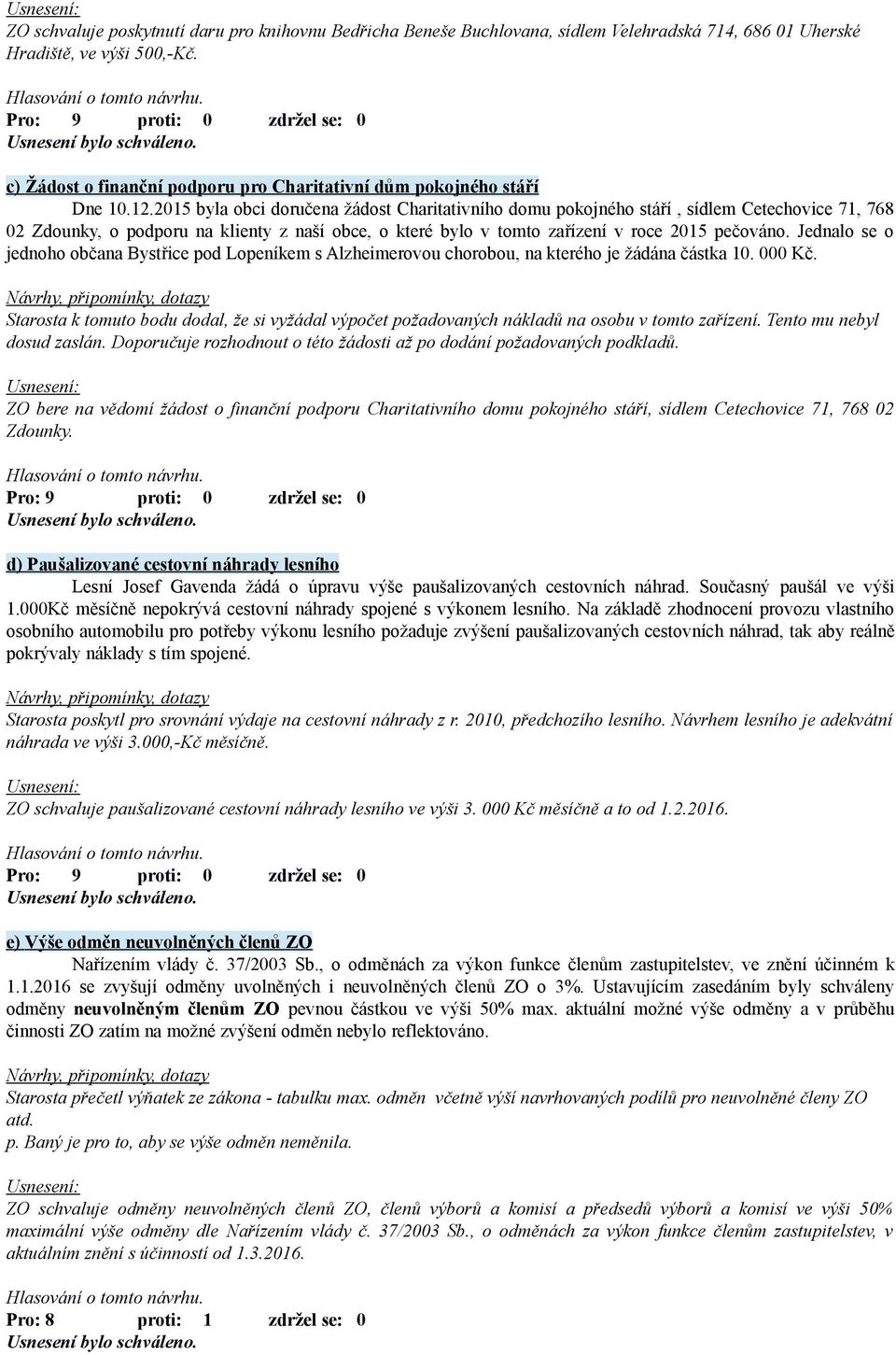 2015 byla obci doručena žádost Charitativního domu pokojného stáří, sídlem Cetechovice 71, 768 02 Zdounky, o podporu na klienty z naší obce, o které bylo v tomto zařízení v roce 2015 pečováno.