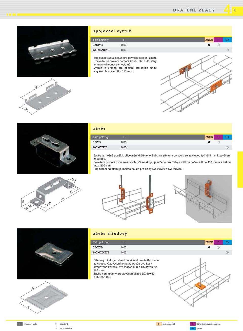 75 3 závěs číslo položky ZNCR F BX DZZ/B 0,05 INOXDZZ/B 0,05 Závěs je možné použít k připevnění drátěného žlabu na stěnu nebo spolu se závitovou tyčí 8 mm k zavěšení ze stropu.