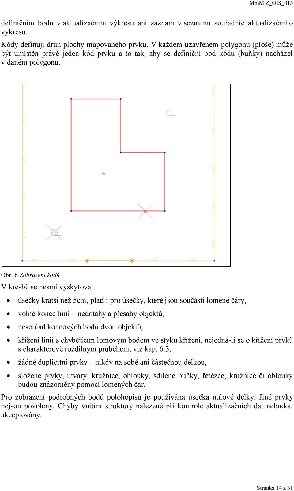 6 Zobrazení kódů V kresbě se nesmí vyskytovat: úsečky kratší než 5cm, platí i pro úsečky, které jsou součástí lomené čáry, volné konce linií nedotahy a přesahy objektů, nesoulad koncových bodů dvou