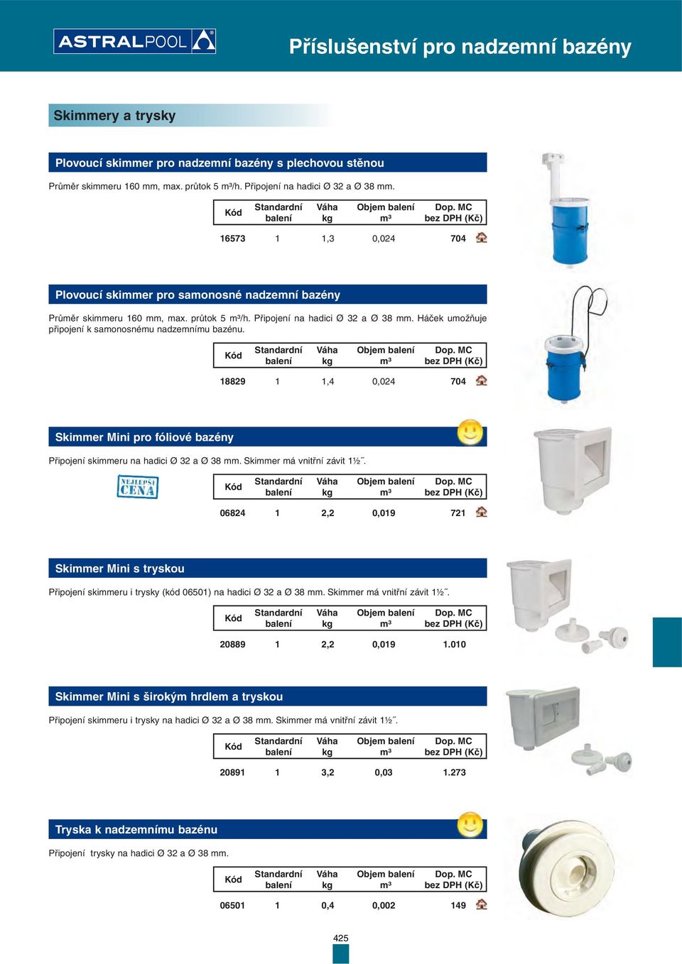 Háček umožňuje připojení k samonosnému nadzemnímu bazénu. Objem 18829 1 1,4 0,024 704 Skimmer Mini pro fóliové bazény Připojení skimmeru na hadici Ø 32 a Ø 38 mm. Skimmer má vnitřní závit 1½.