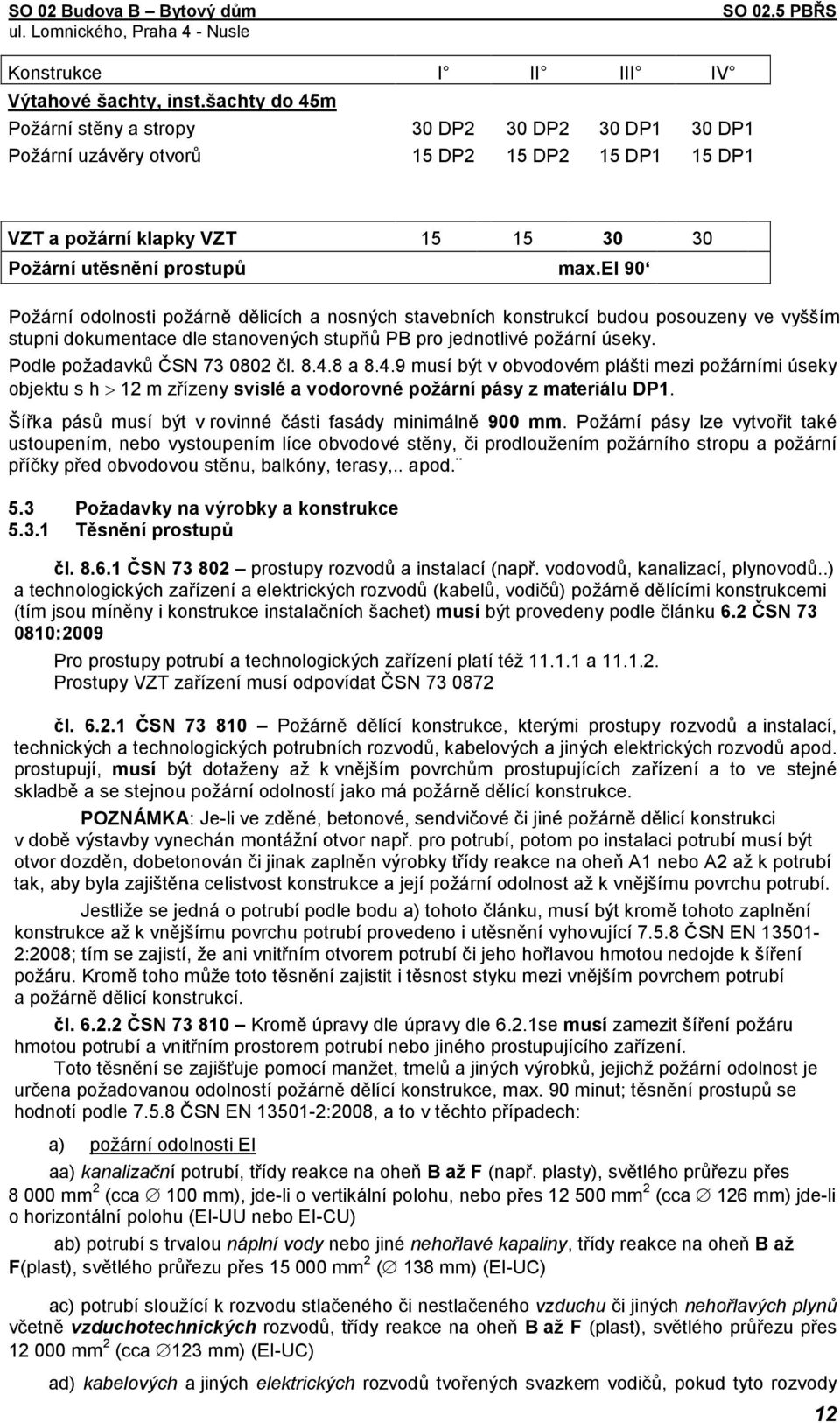 ei 90 Požární odolnosti požárně dělicích a nosných stavebních konstrukcí budou posouzeny ve vyšším stupni dokumentace dle stanovených stupňů PB pro jednotlivé požární úseky.