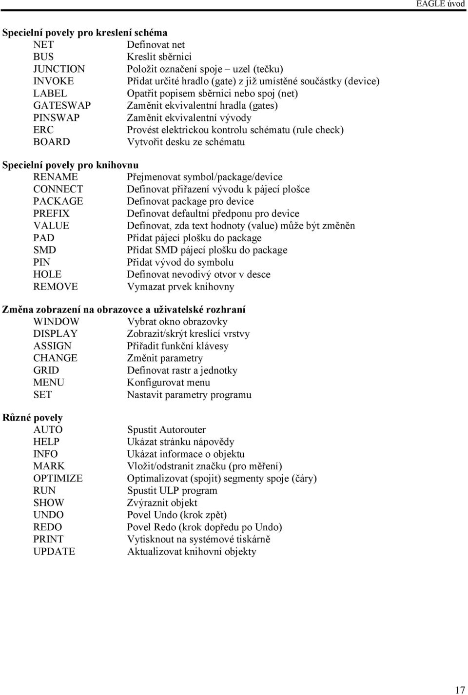 Vytvořit desku ze schématu Specielní povely pro knihovnu RENAME Přejmenovat symbol/package/device CONNECT Definovat přiřazení vývodu k pájecí plošce PACKAGE Definovat package pro device PREFIX