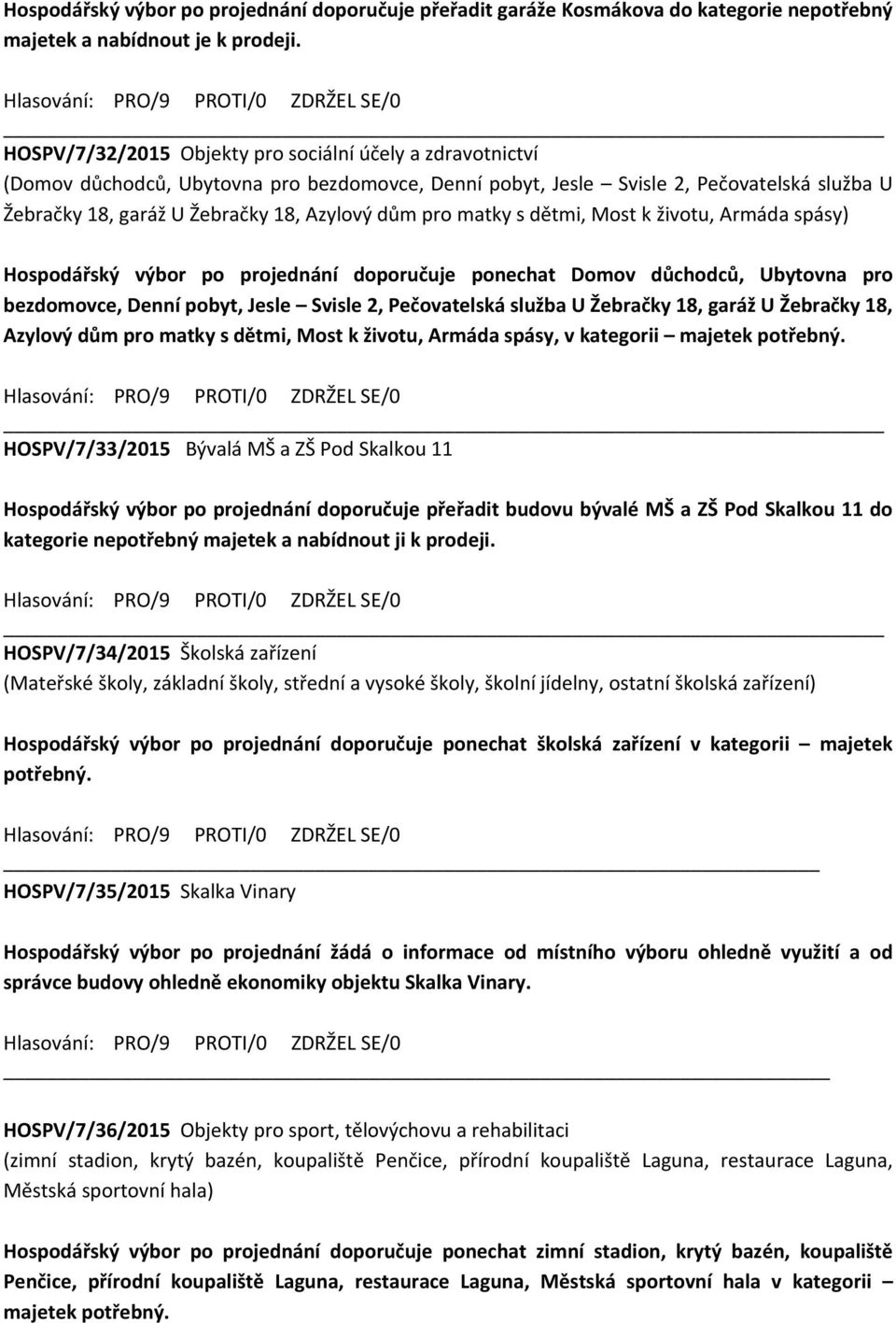 pro matky s dětmi, Most k životu, Armáda spásy) Hospodářský výbor po projednání doporučuje ponechat Domov důchodců, Ubytovna pro bezdomovce, Denní pobyt, Jesle Svisle 2, Pečovatelská služba U