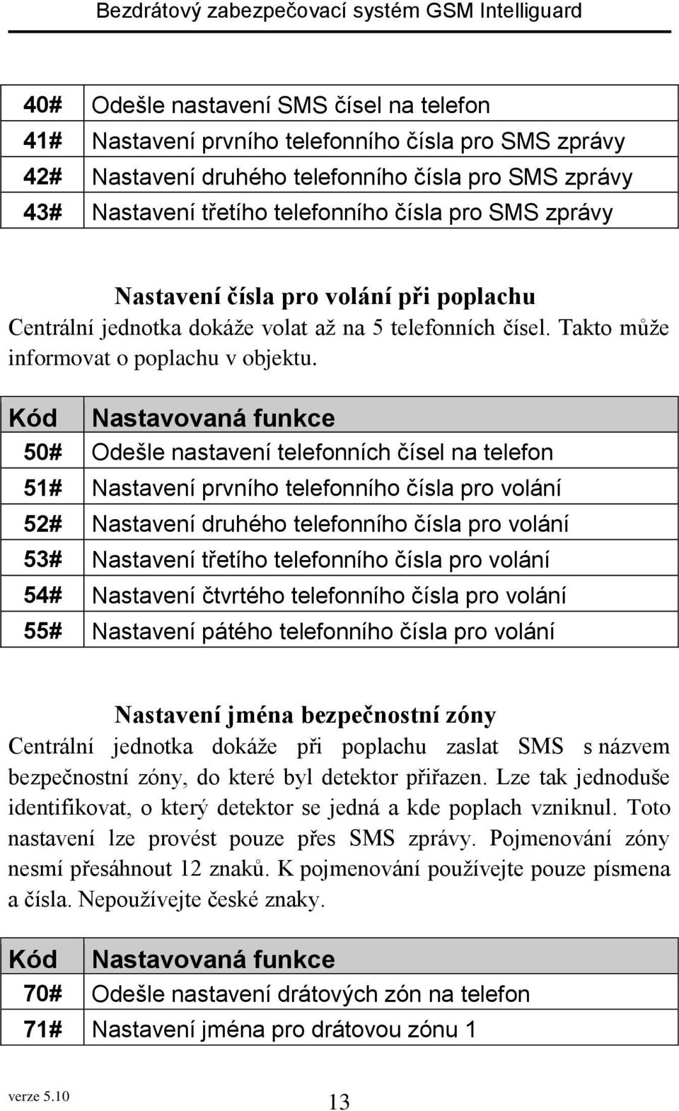 Kód Nastavovaná funkce 50# Odešle nastavení telefonních čísel na telefon 51# Nastavení prvního telefonního čísla pro volání 52# Nastavení druhého telefonního čísla pro volání 53# Nastavení třetího