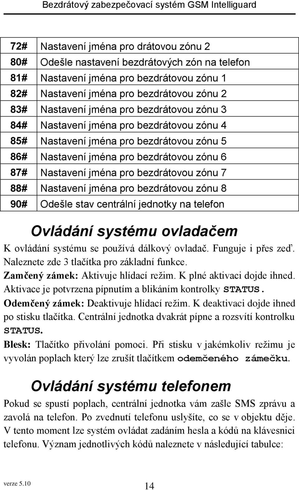 Nastavení jména pro bezdrátovou zónu 8 90# Odešle stav centrální jednotky na telefon Ovládání systému ovladačem K ovládání systému se používá dálkový ovladač. Funguje i přes zeď.