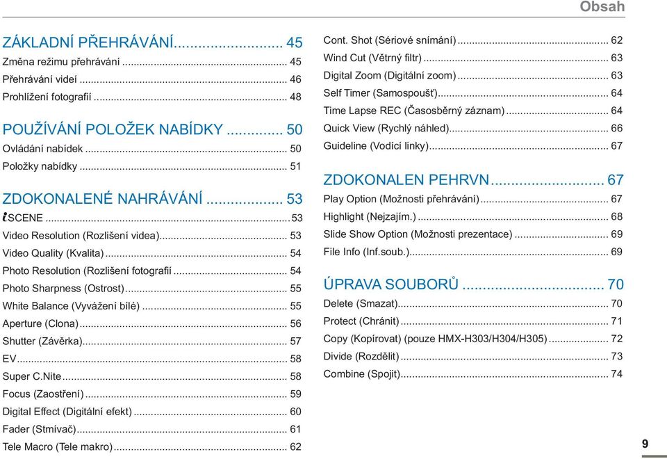 .. 55 White Balance (Vyvážení bílé)... 55 Aperture (Clona)... 56 Shutter (Závěrka)... 57 EV... 58 Super C.Nite... 58 Focus (Zaostření)... 59 Digital Effect (Digitální efekt)... 60 Fader (Stmívač).
