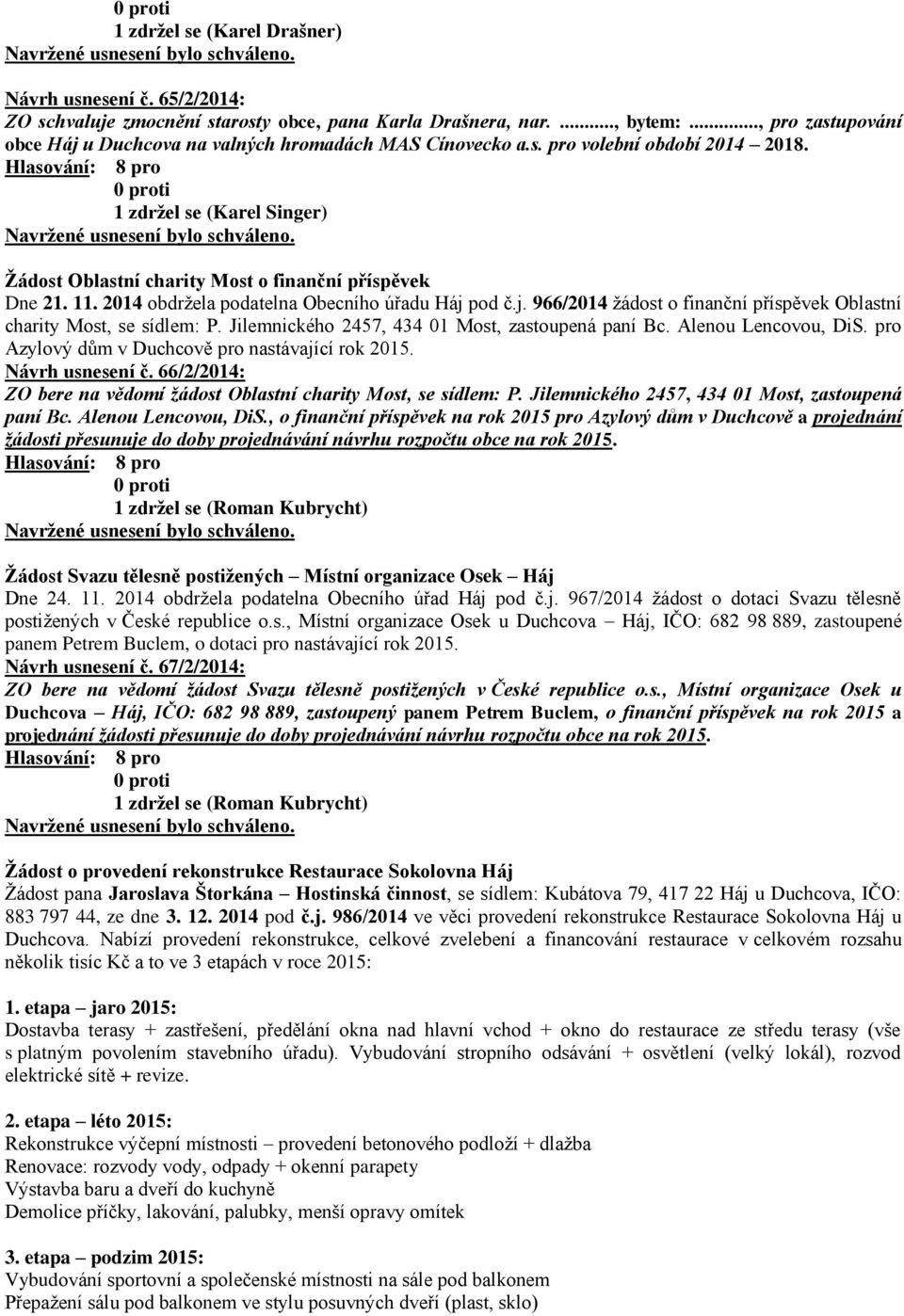 2014 obdržela podatelna Obecního úřadu Háj pod č.j. 966/2014 žádost o finanční příspěvek Oblastní charity Most, se sídlem: P. Jilemnického 2457, 434 01 Most, zastoupená paní Bc. Alenou Lencovou, DiS.