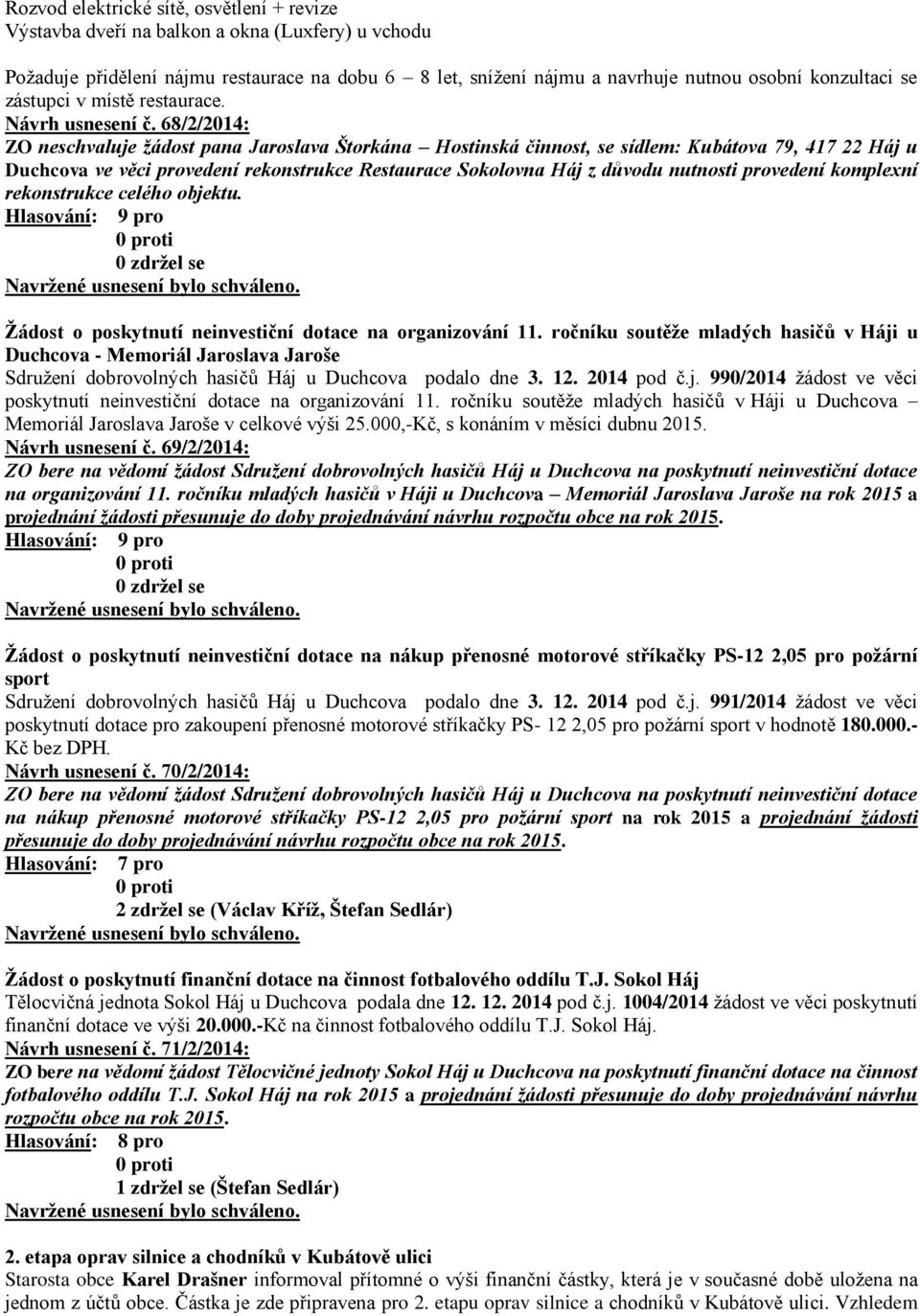 68/2/2014: ZO neschvaluje žádost pana Jaroslava Štorkána Hostinská činnost, se sídlem: Kubátova 79, 417 22 Háj u Duchcova ve věci provedení rekonstrukce Restaurace Sokolovna Háj z důvodu nutnosti