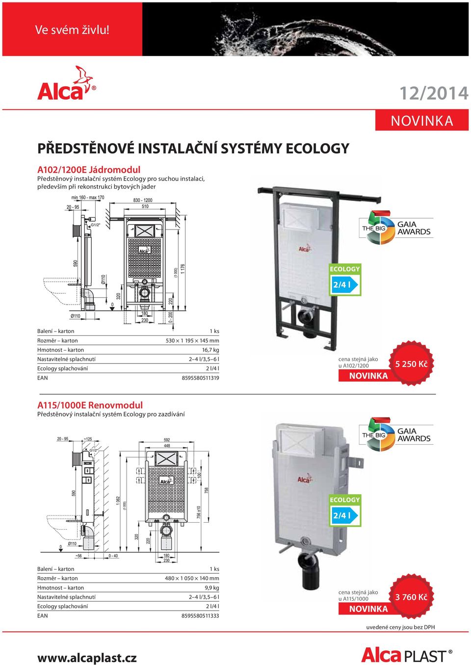 8595580511319 cena stejná jako u A102/1200 5 250 Kč A115/1000E Renovmodul Předstěnový instalační systém Ecology pro zazdívání Balení karton 1 ks Rozměr