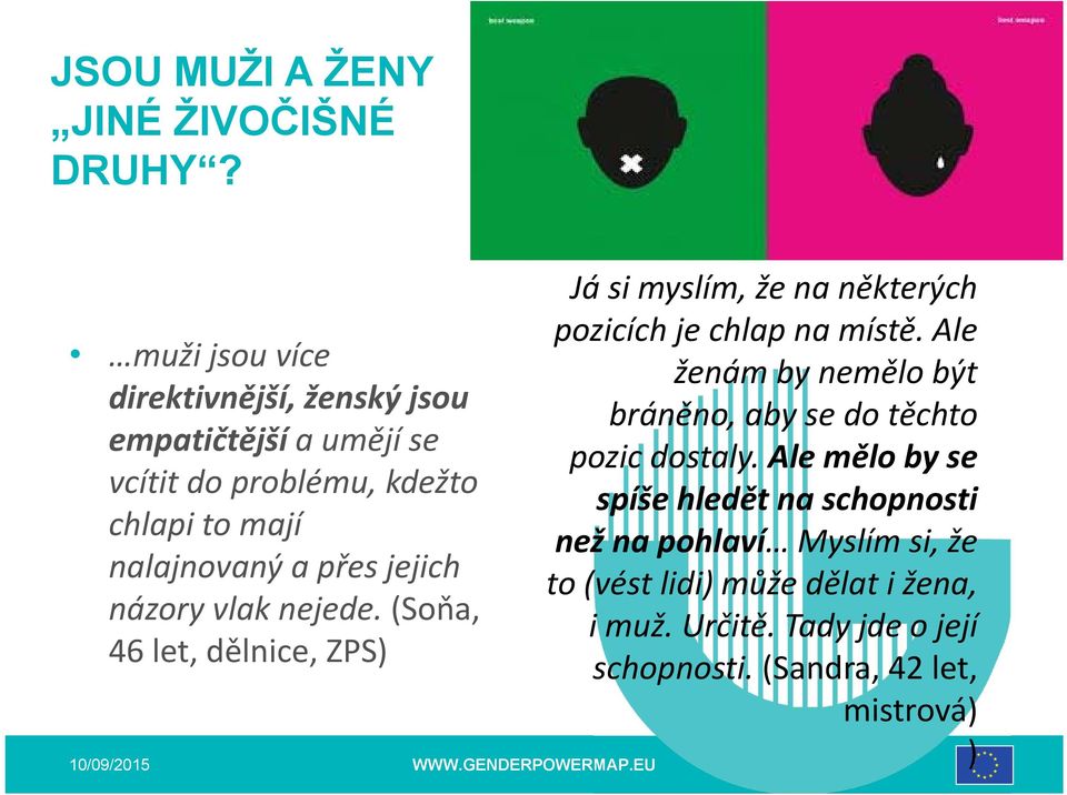 jejich názory vlak nejede. (Soňa, 46 let, dělnice, ZPS) Já si myslím, že na některých pozicích je chlap na místě.