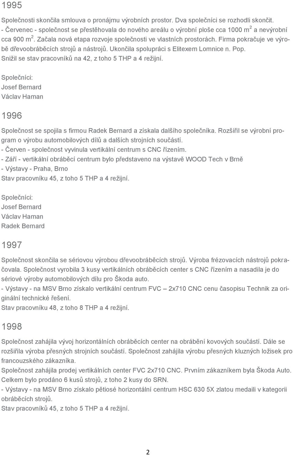 Firma pokračuje ve výrobě dřevoobráběcích strojů a nástrojů. Ukončila spolupráci s Elitexem Lomnice n. Pop. Snižil se stav pracovníků na 42, z toho 5 THP a 4 režijní.