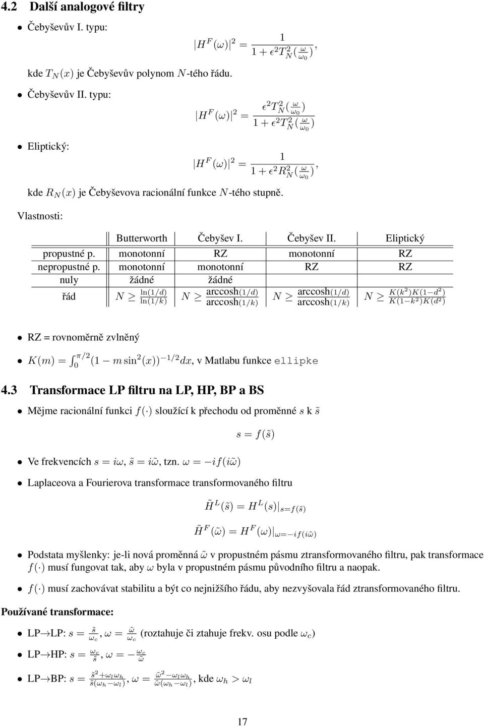 Vlastnosti: Butterworth Čebyšev I. Čebyšev II. Eliptický propustné p. monotonní RZ monotonní RZ nepropustné p.