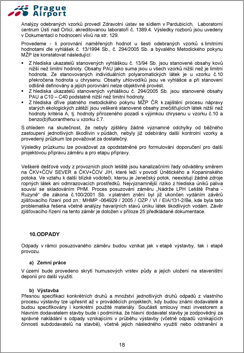 294/2005 Sb. a bývalého Metodického pokynu MŽP lze konstatovat následující: Z hlediska ukazatelů stanovených vyhláškou č. 13/94 Sb. jsou stanovené obsahy kovů nižší než limitní hodnoty.