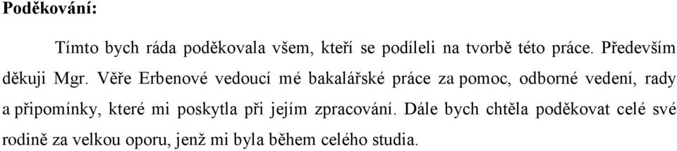 Věře Erbenové vedoucí mé bakalářské práce za pomoc, odborné vedení, rady a