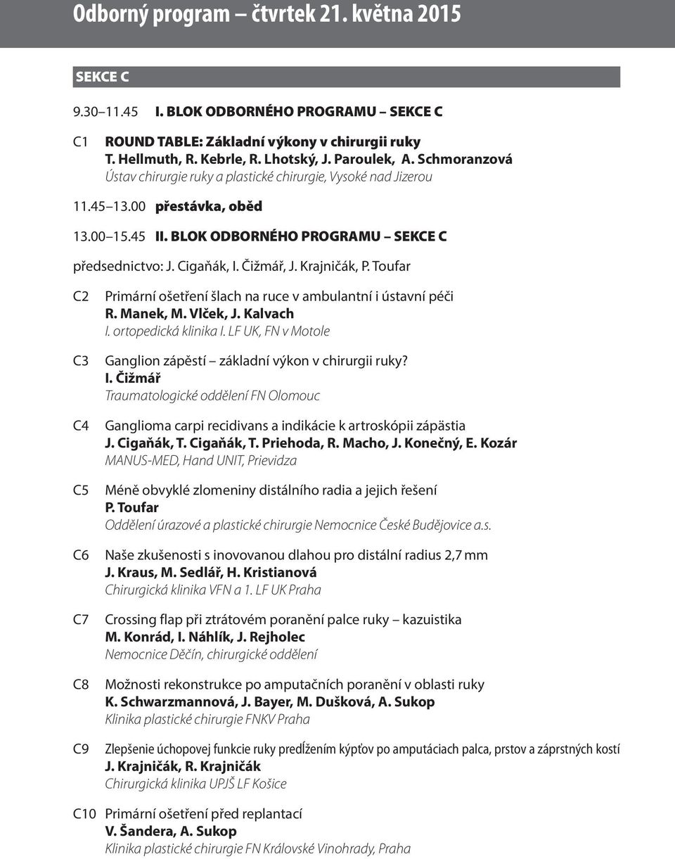 Krajničák, P. Toufar C2 C3 C4 C5 C6 C7 C8 C9 Primární ošetření šlach na ruce v ambulantní i ústavní péči R. Manek, M. Vlček, J. Kalvach I. ortopedická klinika I.