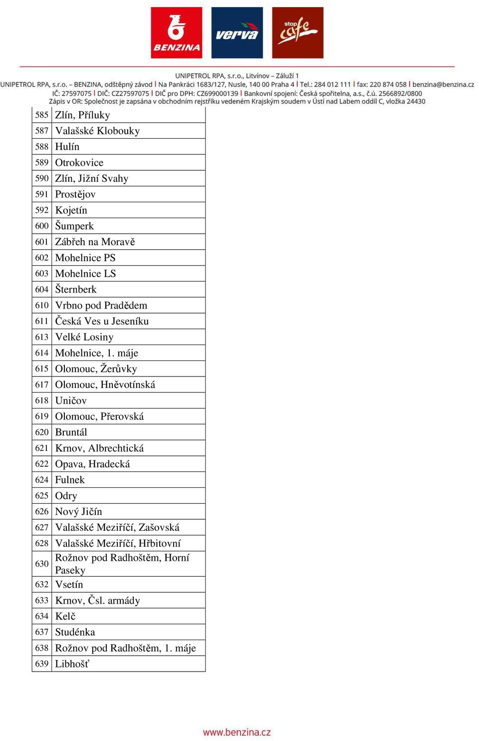 máje 615 Olomouc, Žerůvky 617 Olomouc, Hněvotínská 618 Uničov 619 Olomouc, Přerovská 620 Bruntál 621 Krnov, Albrechtická 622 Opava, Hradecká 624 Fulnek 625 Odry 626