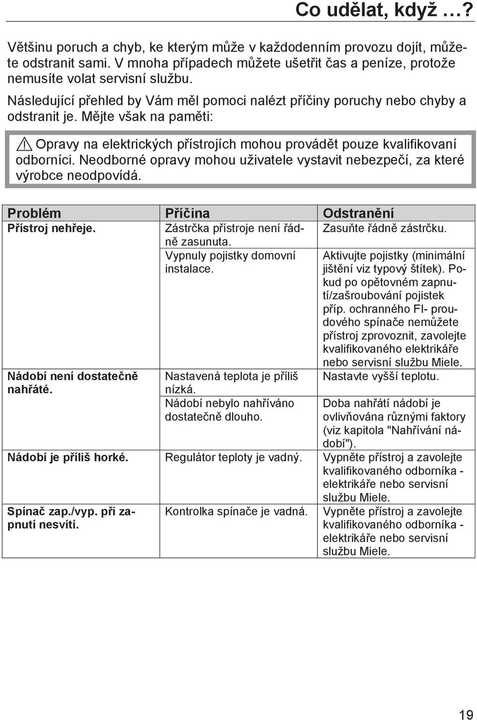 Neodborné opravy mohou uživatele vystavit nebezpečí, za které výrobce neodpovídá. Problém Příčina Odstranění Přístroj nehřeje. Zástrčka přístroje není řádně Zasuňte řádně zástrčku. zasunuta.