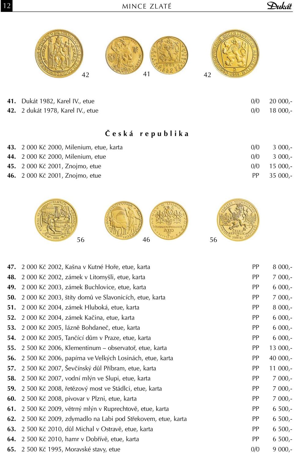 2 000 Kč 2002, Kašna v Kutné Hoře, etue, karta PP 8 000,- 48. 2 000 Kč 2002, zámek v Litomyšli, etue, karta PP 7 000,- 49. 2 000 Kč 2003, zámek Buchlovice, etue, karta PP 6 000,- 50.