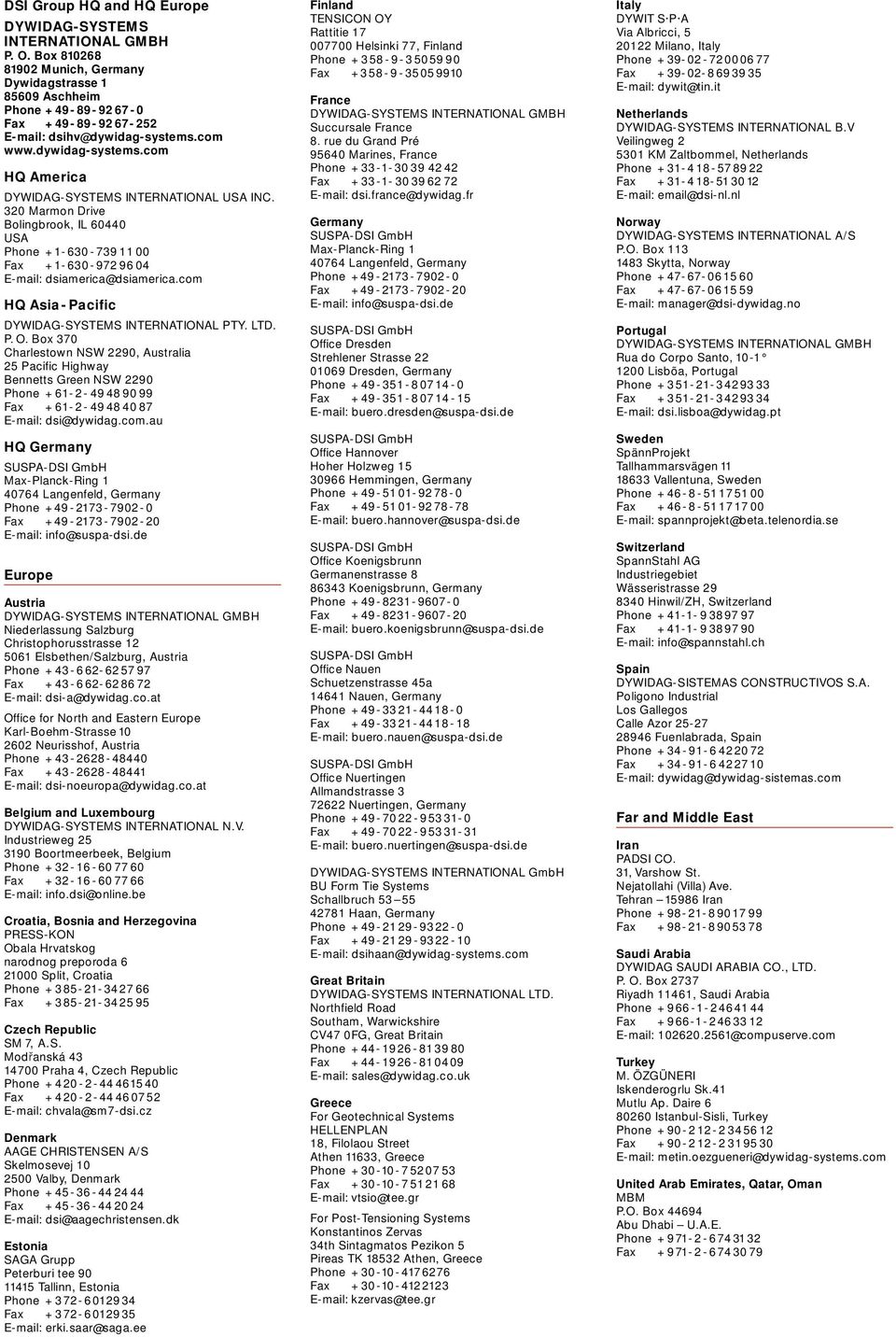 0 Marmon Drive Bolingbrook, IL 60440 USA Phone +1-630-739 11 00 Fax +1-630-9729604 HQ Asia-Pacific DYWIDAG-SYSTEMS INTERNATIONAL PTY. LTD. P. O.
