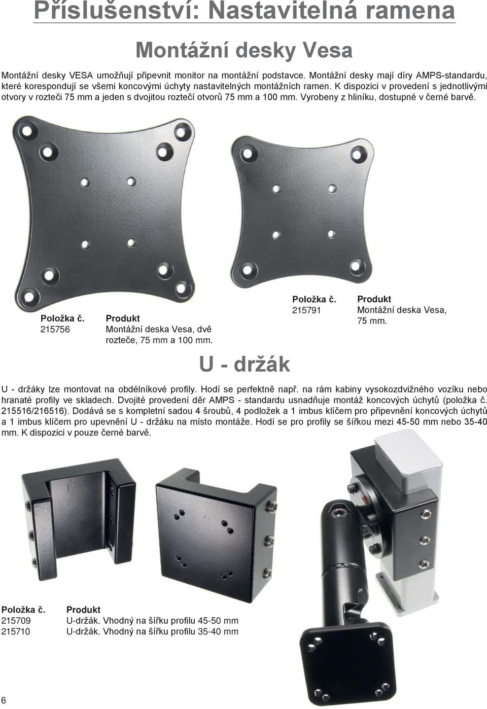 K dispozici v provedení s jednotlivými otvory v rozteči 75 mm a jeden s dvojitou roztečí otvorů 75 mm a 100 mm. Vyrobeny z hliníku, dostupné v černé barvě. Položka č.