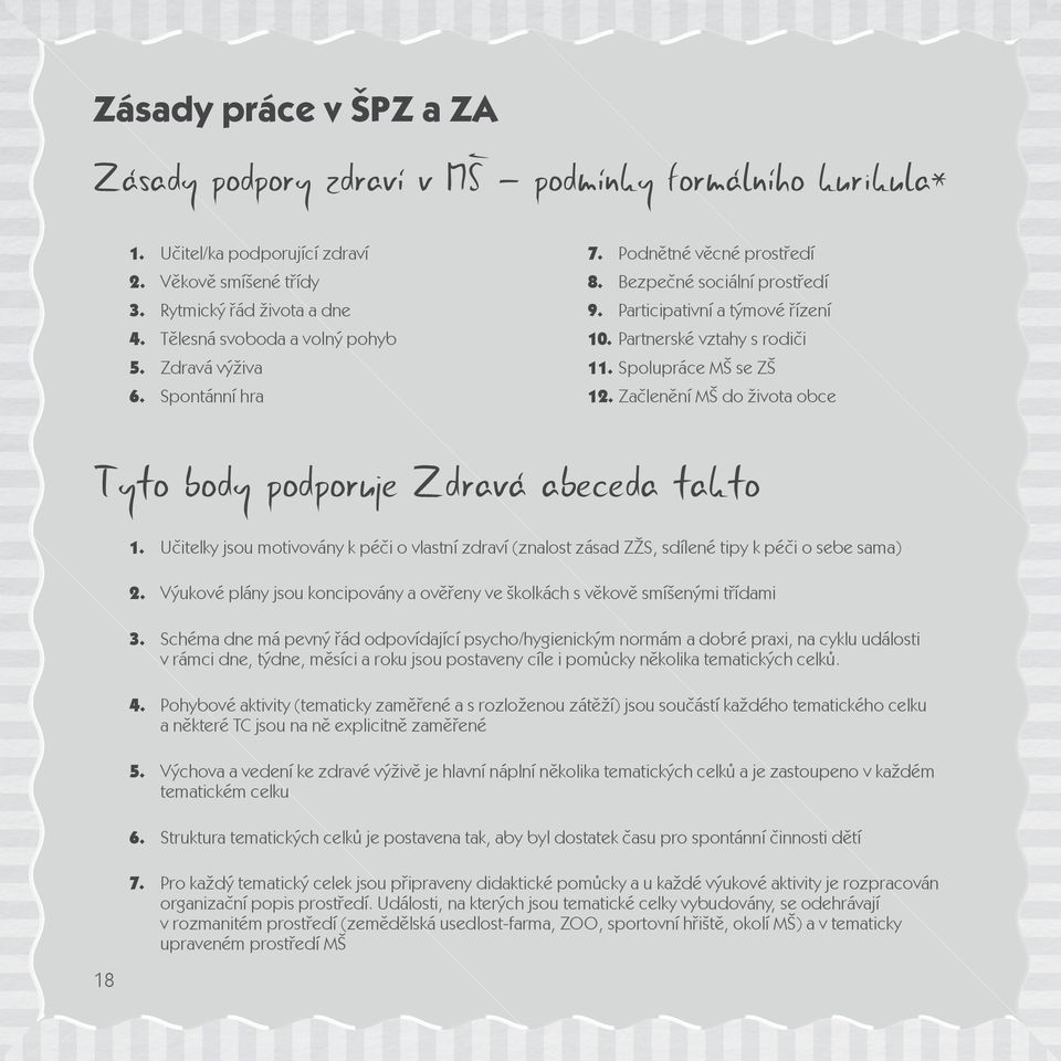 Participativní a týmové řízení 10. Partnerské vztahy s rodiči 11. Spolupráce MŠ se ZŠ 12. Začlenění MŠ do života obce Tyto body podporuje Zdravá abeceda takto 1. 2. 3. 4. 5. 6. 7.