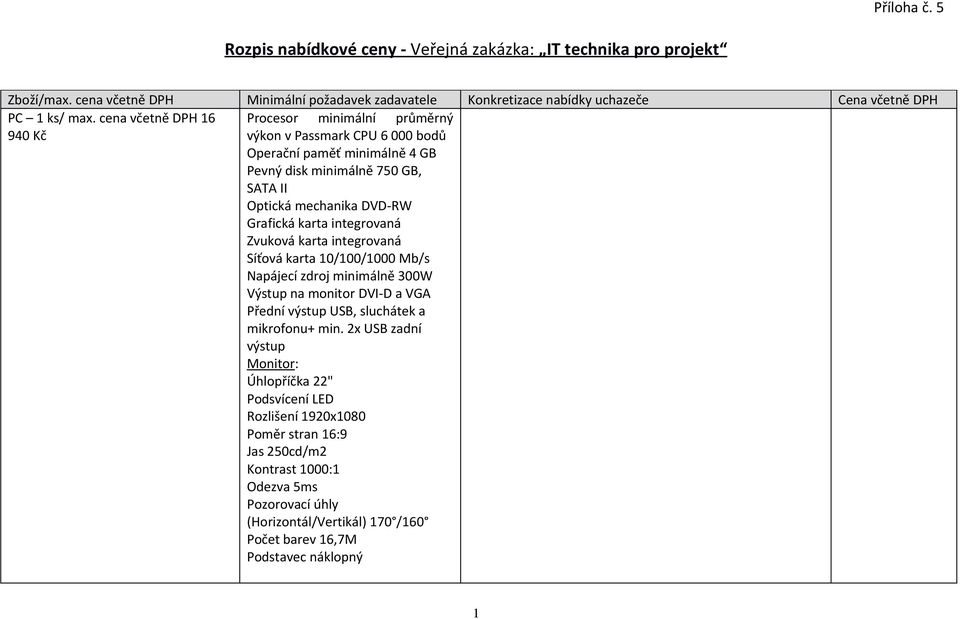 integrovaná Zvuková karta integrovaná Síťová karta 10/100/1000 Mb/s Napájecí zdroj minimálně 300W Výstup na monitor DVI-D a VGA Přední výstup USB, sluchátek a mikrofonu+ min.
