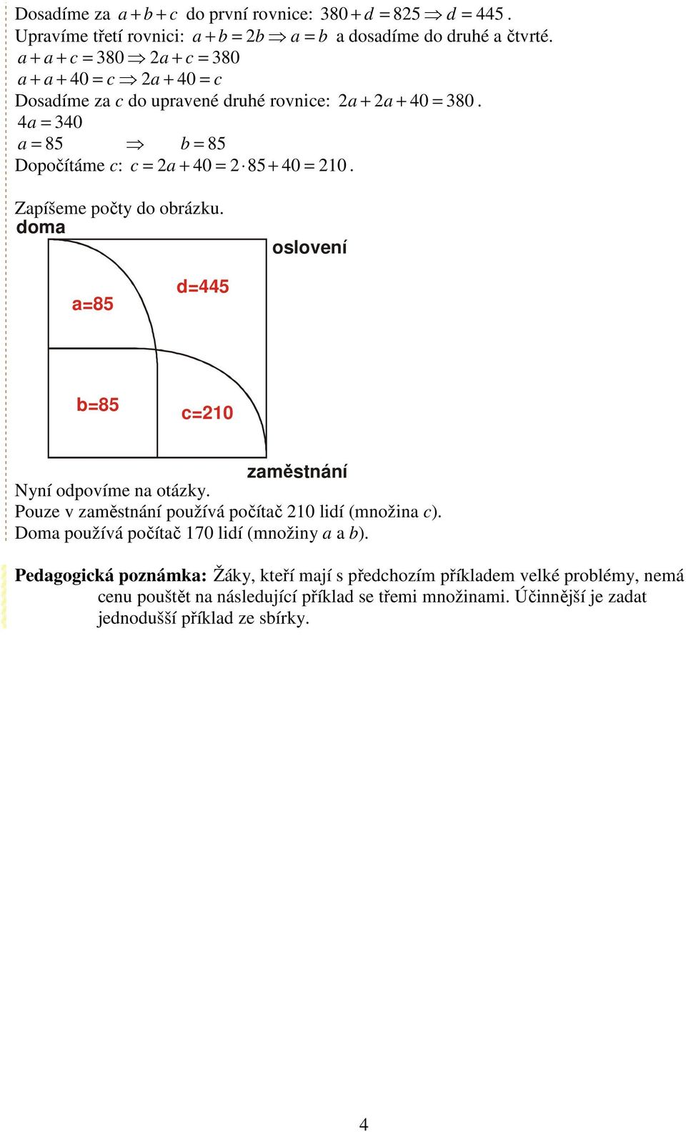 4a = 340 a = 85 b = 85 Dopočítáme c: c = 2a + 40 = 2 85 + 40 = 210. Zapíšeme počty do obrázku. doma oslovení a=85 d=445 b=85 c=210 zaměstnání Nyní odpovíme na otázky.