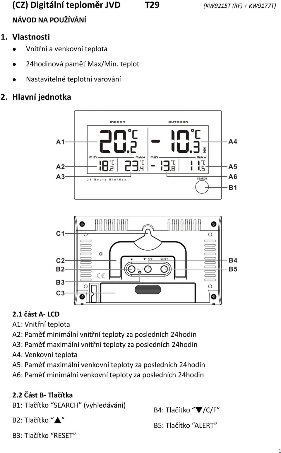 1 část A- LCD A1: Vnitřní teplota A2: Paměť minimální vnitřní teploty za posledních 24hodin A3: Paměť maximální vnitřní teploty za posledních 24hodin A4: