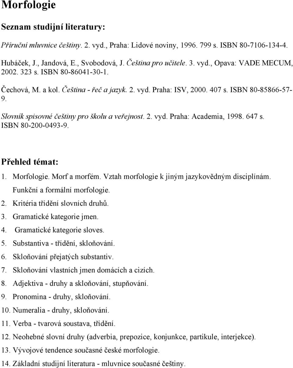 647 s. ISBN 80-200-0493-9. Přehled témat: 1. Morfologie. Morf a morfém. Vztah morfologie k jiným jazykovědným disciplínám. Funkční a formální morfologie. 2. Kritéria třídění slovních druhů. 3.