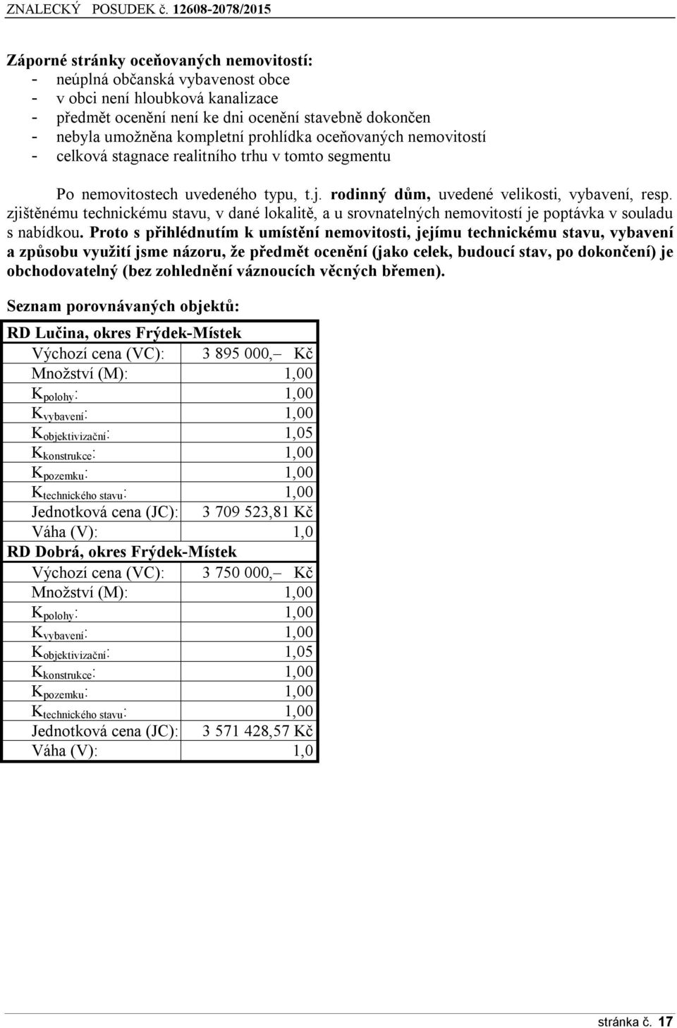 zjištěnému technickému stavu, v dané lokalitě, a u srovnatelných nemovitostí je poptávka v souladu s nabídkou.