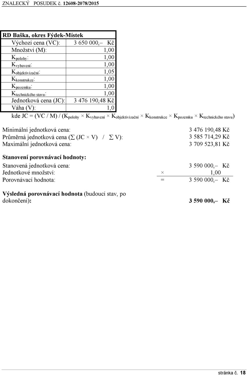 Minimální jednotková cena: Průměrná jednotková cena ( (JC V) / V): Maximální jednotková cena: 3 476 1ř0,4Ř Kč 3 5Ř5 714,2ř Kč 3 70ř 523,Ř1 Kč Stanovení porovnávací hodnoty: